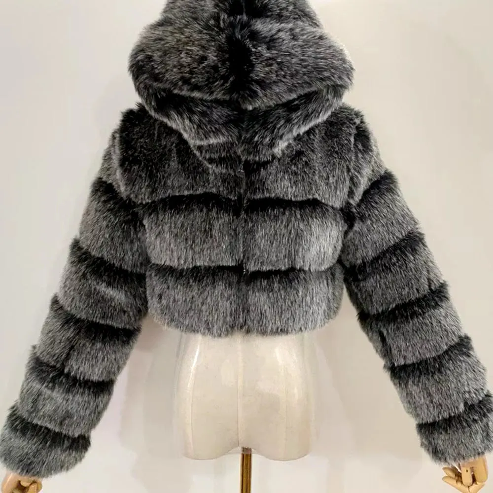 828Sale Women Fashion Winter Faux Fur Cropped Coat Fluffy Zip Hooded Warm Short Jacket 2020 Winter Top Fashion Women Mink Coats