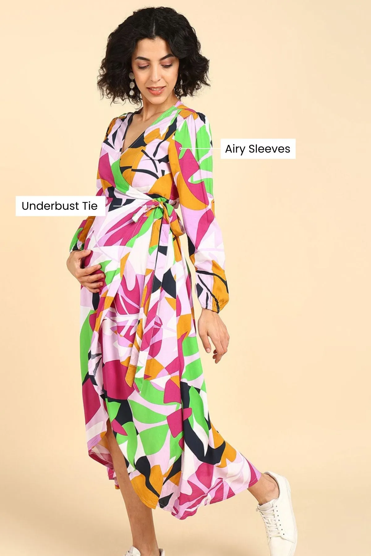 Abstract Tropical Petal-Shaped Rayon Maternity Dress