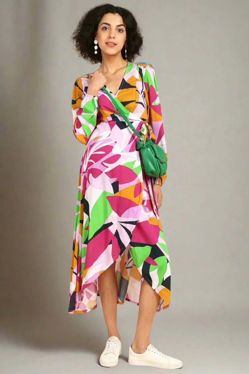 Abstract Tropical Petal-Shaped Rayon Maternity Dress