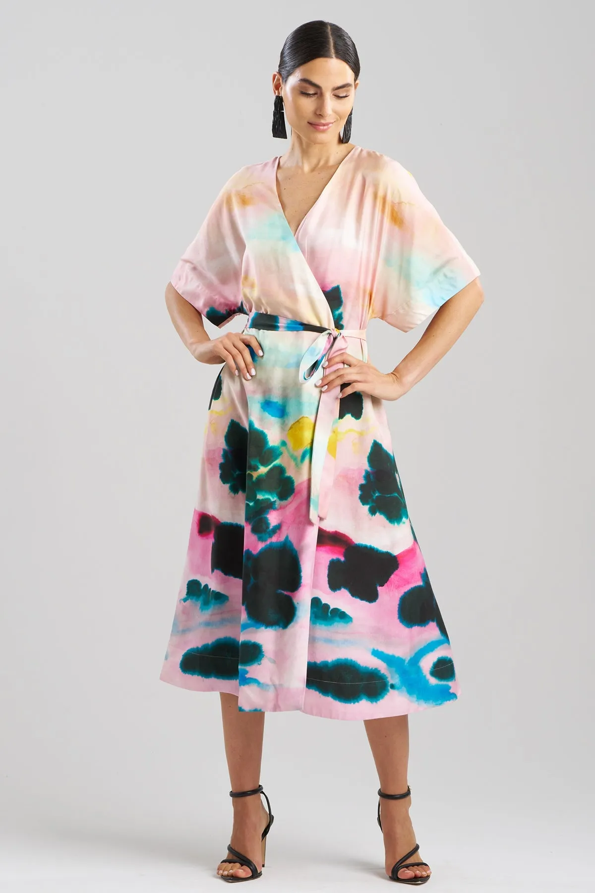 Akiko Printed Cotton Silk Twill Kimono Wrap Dress