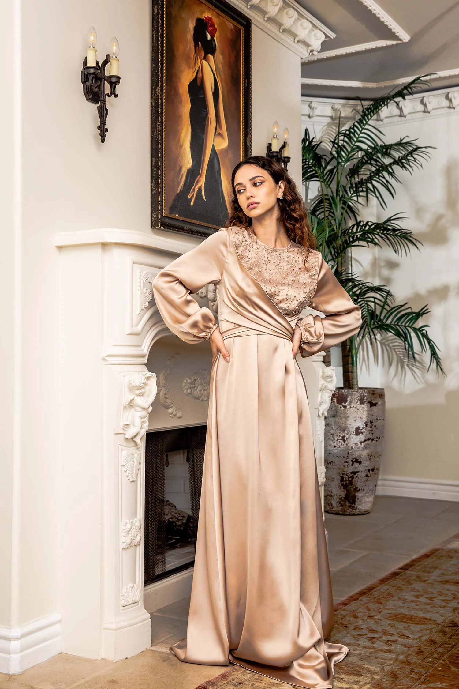 Amara VIP Luxury Pearl Satin Dress- Champagne