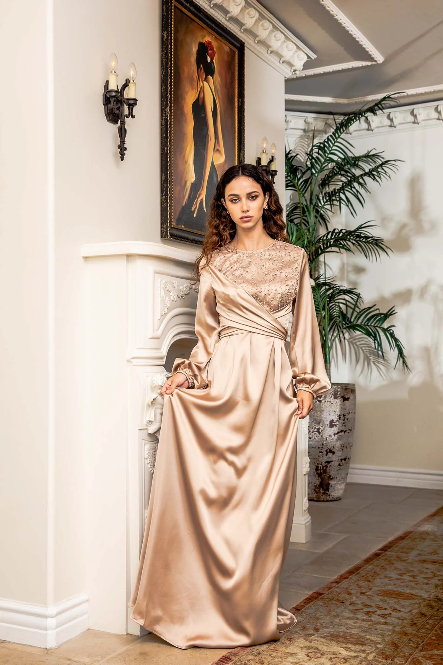 Amara VIP Luxury Pearl Satin Dress- Champagne