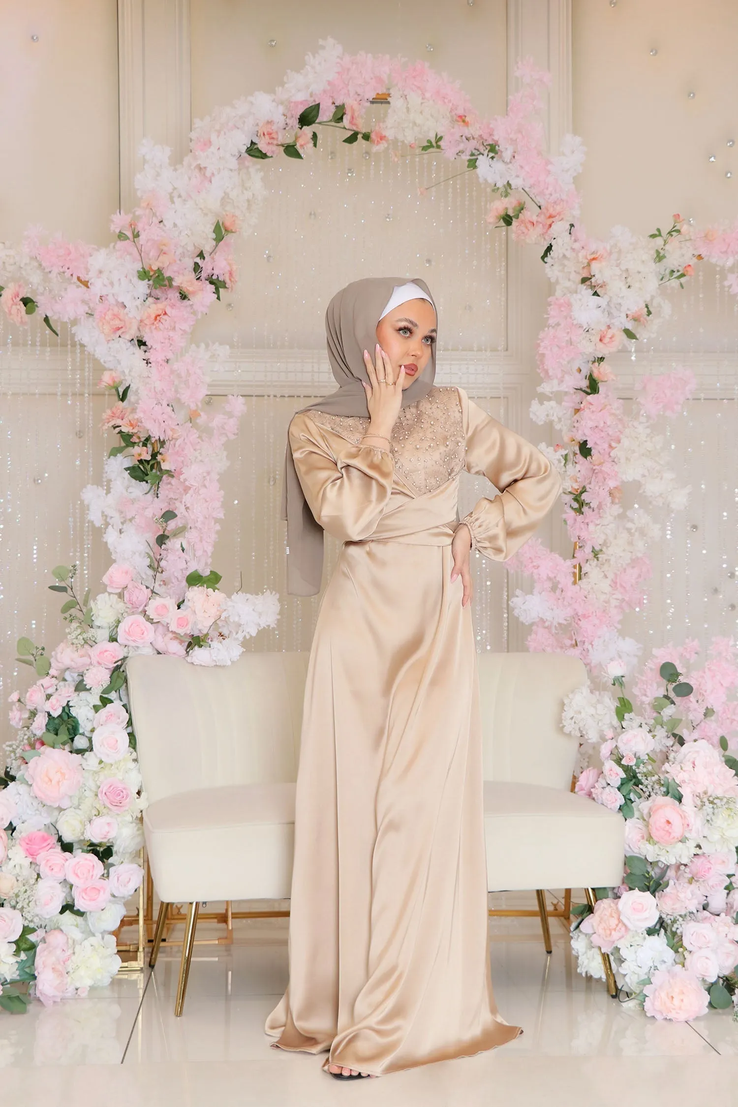 Amara VIP Luxury Pearl Satin Dress- Champagne