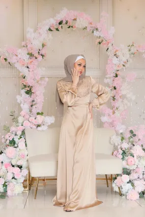 Amara VIP Luxury Pearl Satin Dress- Champagne