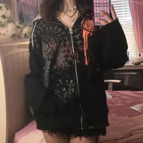 Back To School Joskaa Y2K Aesthetics Mall Goth Zip Up Hoodies Dark Academia Graphic Print Oversized Sweatshirt Gothic Grunge Retro Coat Jackets
