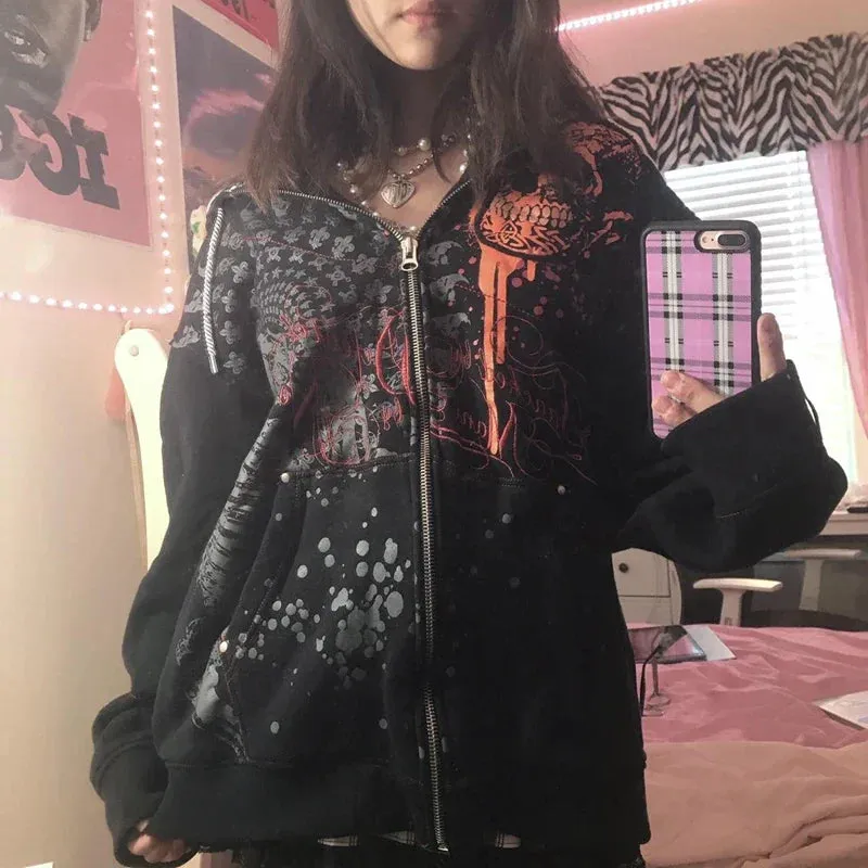 Back To School Joskaa Y2K Aesthetics Mall Goth Zip Up Hoodies Dark Academia Graphic Print Oversized Sweatshirt Gothic Grunge Retro Coat Jackets