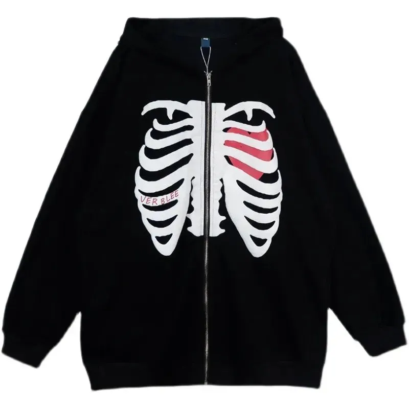 Back To School Joskaa Y2K Harajuku Skeleton Oversized Zip Up Hoodies Goth Grunge Long Sleeve Hooded Sweatshirt 2024 Men Women Retro Casual Jacket Coat