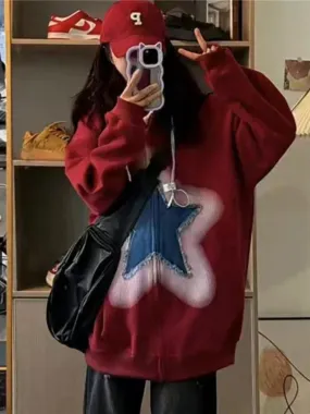 Back To School Joskaa Y2K Zip Up Hoodie Women Sweet Star Graphics Sweatshirts Fashion Red Oversized Sport Coat Grunge Female Harajuku Clothes