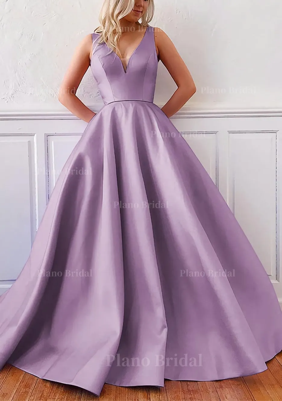 Ball Gown V Neck Sleeveless Satin Sweep Train Prom Dress