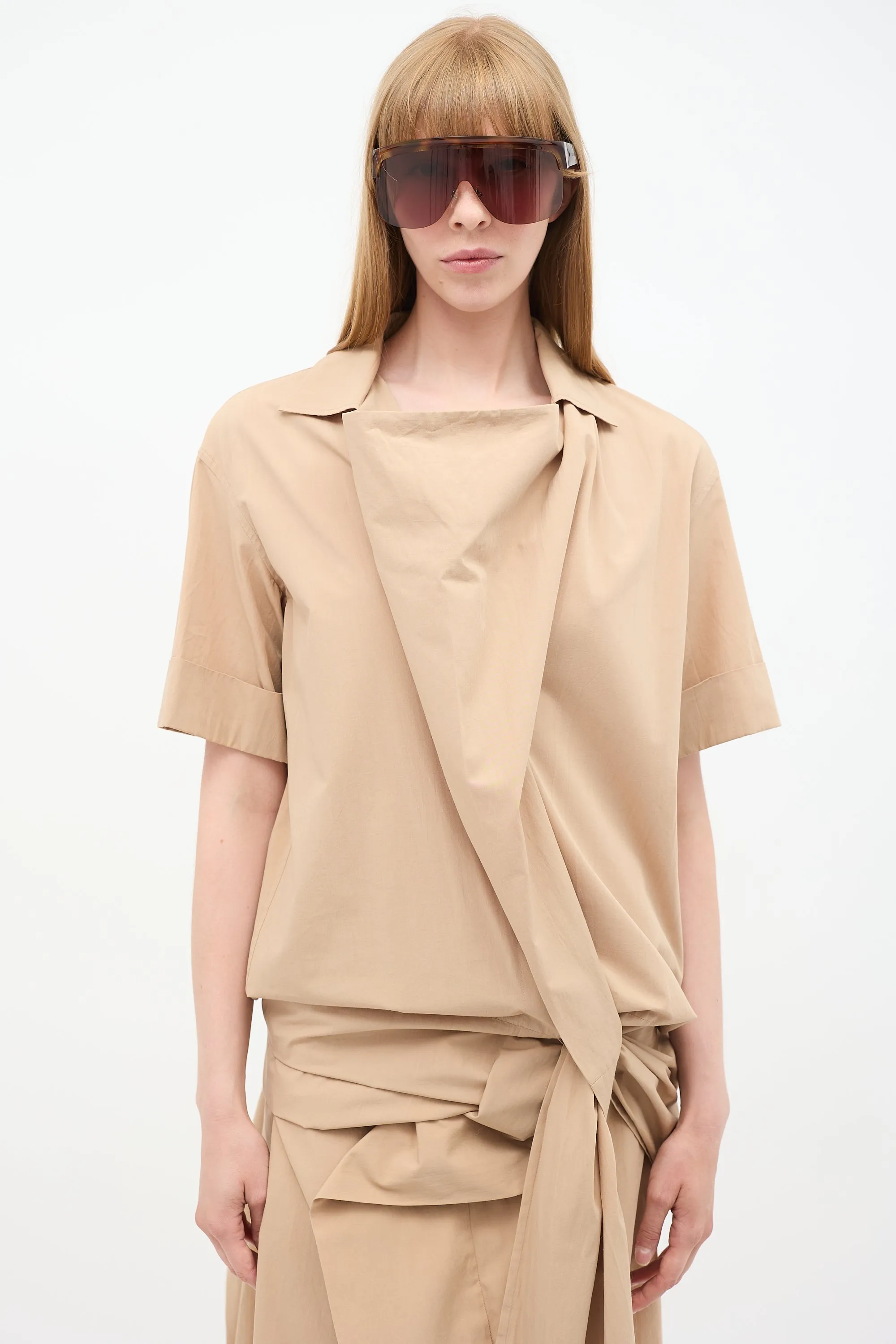 Beige Short Sleeve Wrap Dress