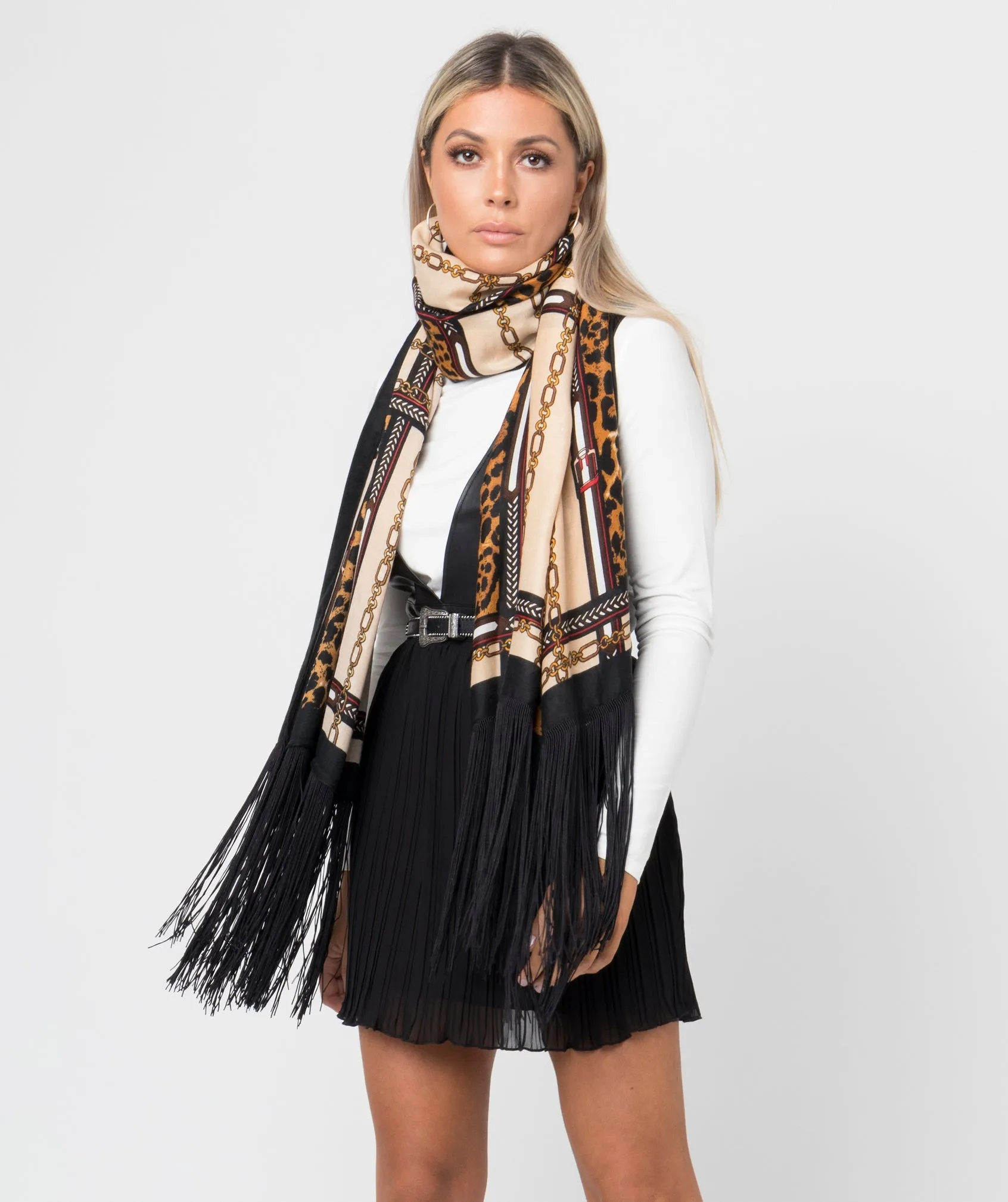 Black Camel Long Fringed Chain Links Scarf