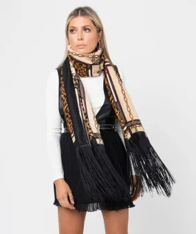Black Camel Long Fringed Chain Links Scarf