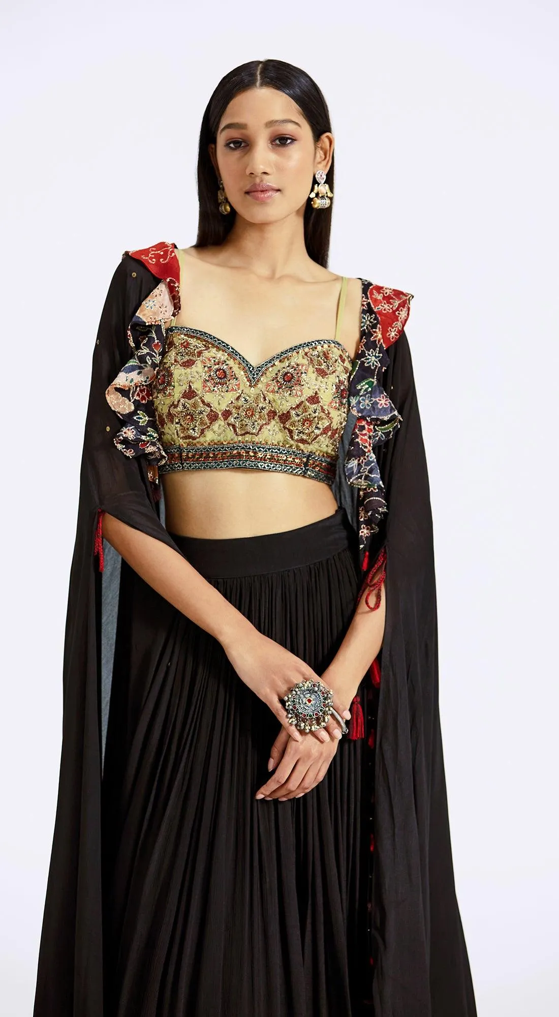 Black Cape Set with Applique Embroidery