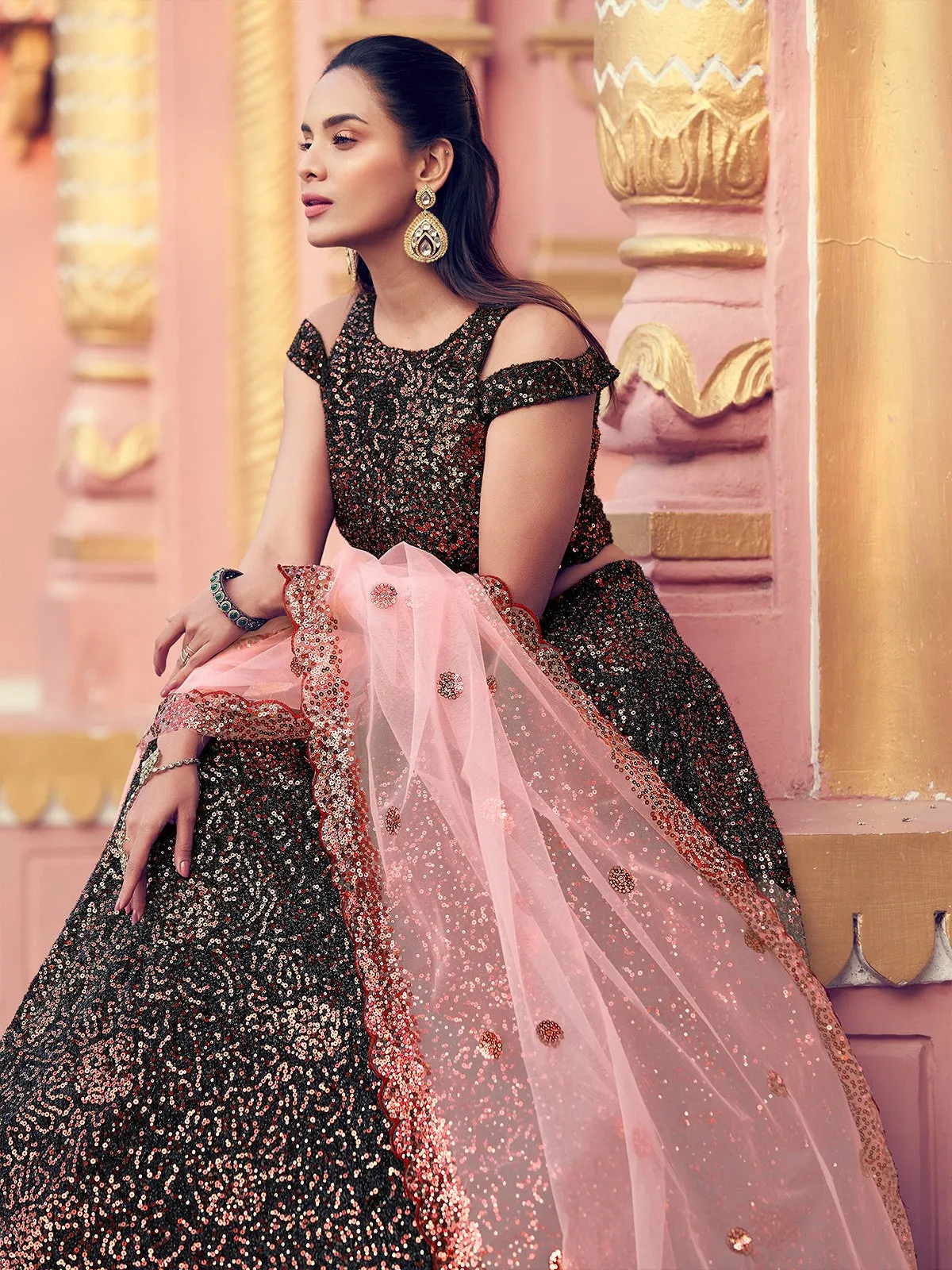 Black Elegant Fur Imported Fabric Semi Stitched Lehenga With Unstitched Blouse