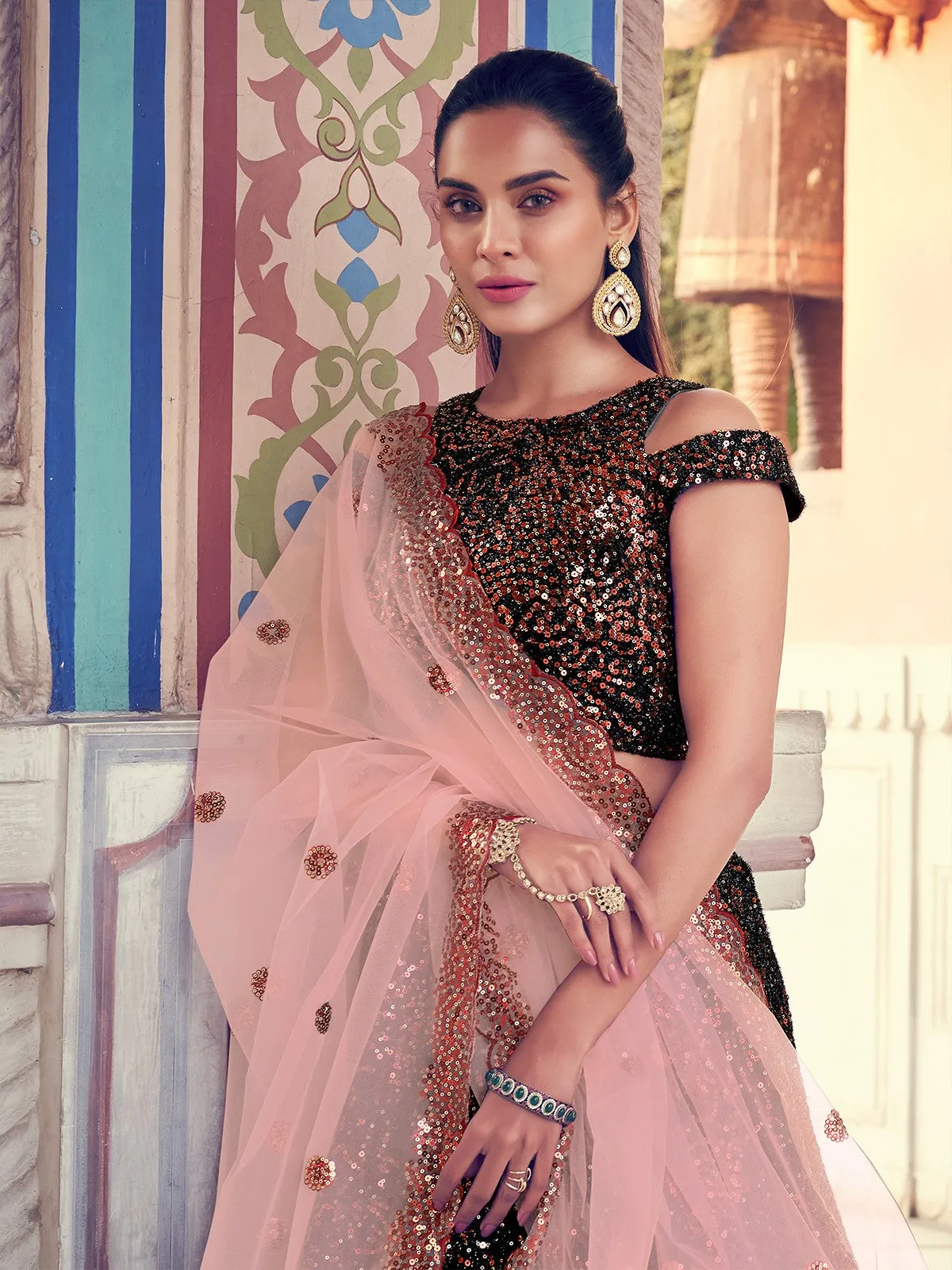 Black Elegant Fur Imported Fabric Semi Stitched Lehenga With Unstitched Blouse