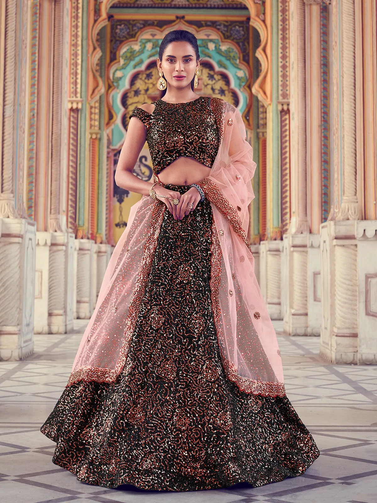 Black Elegant Fur Imported Fabric Semi Stitched Lehenga With Unstitched Blouse
