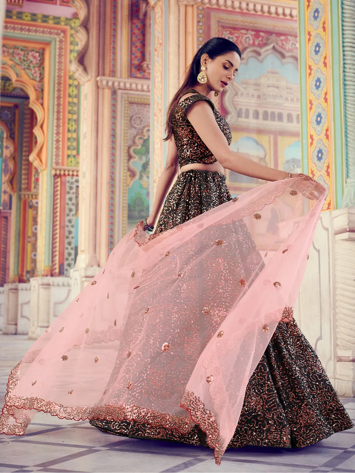 Black Elegant Fur Imported Fabric Semi Stitched Lehenga With Unstitched Blouse