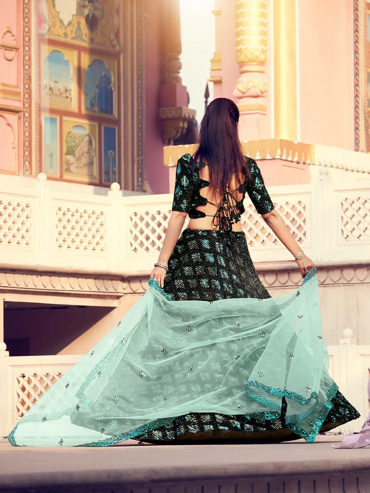 Black Elegant Semi Stitched Lehenga With Unstitched Blouse