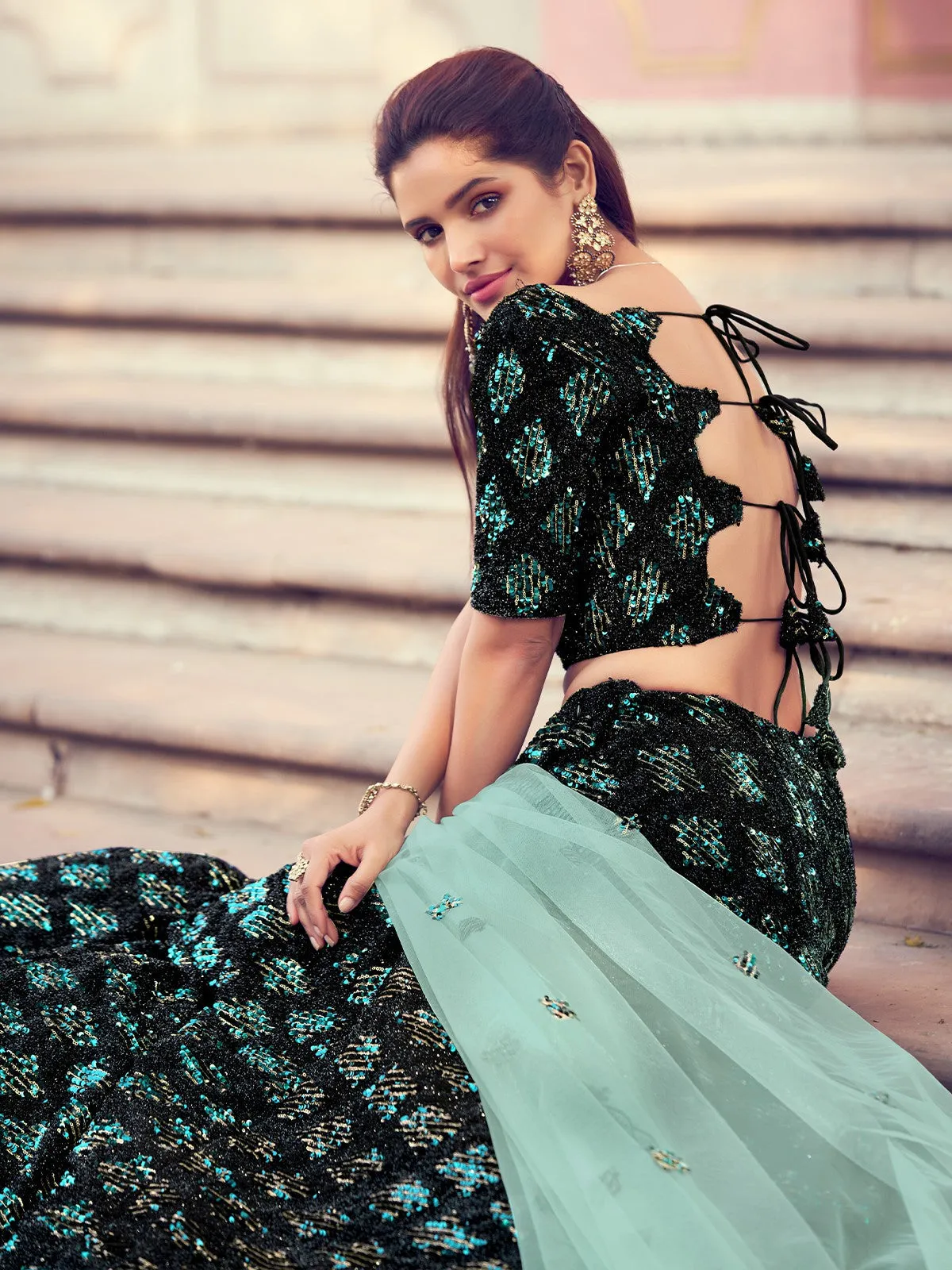 Black Elegant Semi Stitched Lehenga With Unstitched Blouse