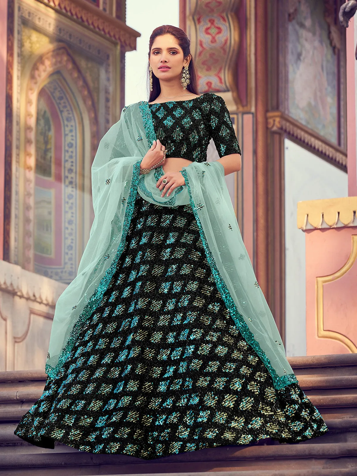 Black Elegant Semi Stitched Lehenga With Unstitched Blouse