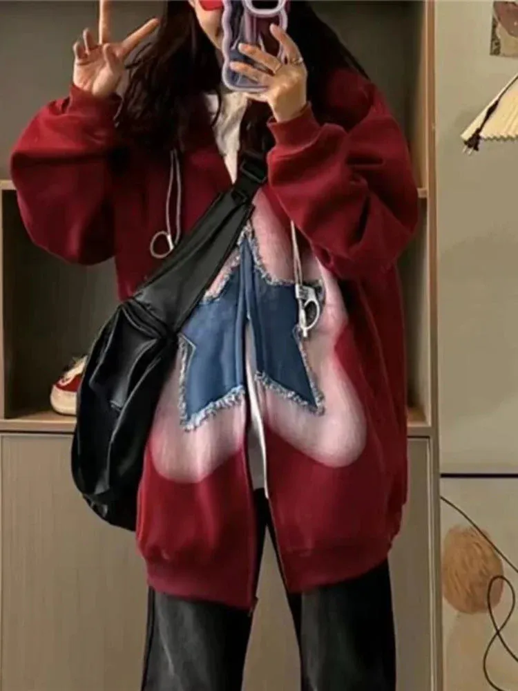 Black Friday Joskaa Y2K Zip Up Hoodie Women Sweet Star Graphics Sweatshirts Fashion Red Oversized Sport Coat Grunge Female Harajuku Clothes