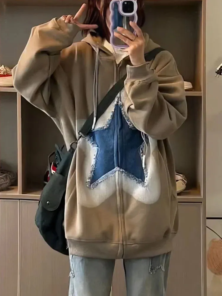Black Friday Joskaa Y2K Zip Up Hoodie Women Sweet Star Graphics Sweatshirts Fashion Red Oversized Sport Coat Grunge Female Harajuku Clothes
