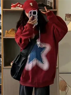 Black Friday Joskaa Y2K Zip Up Hoodie Women Sweet Star Graphics Sweatshirts Fashion Red Oversized Sport Coat Grunge Female Harajuku Clothes