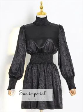 Black Long Lantern Sleeve Leopard Turtle Neck A-line Satin Mini Dress