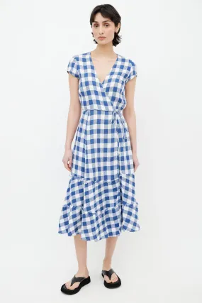 Blue & White Linen Gingham Wrap Dress