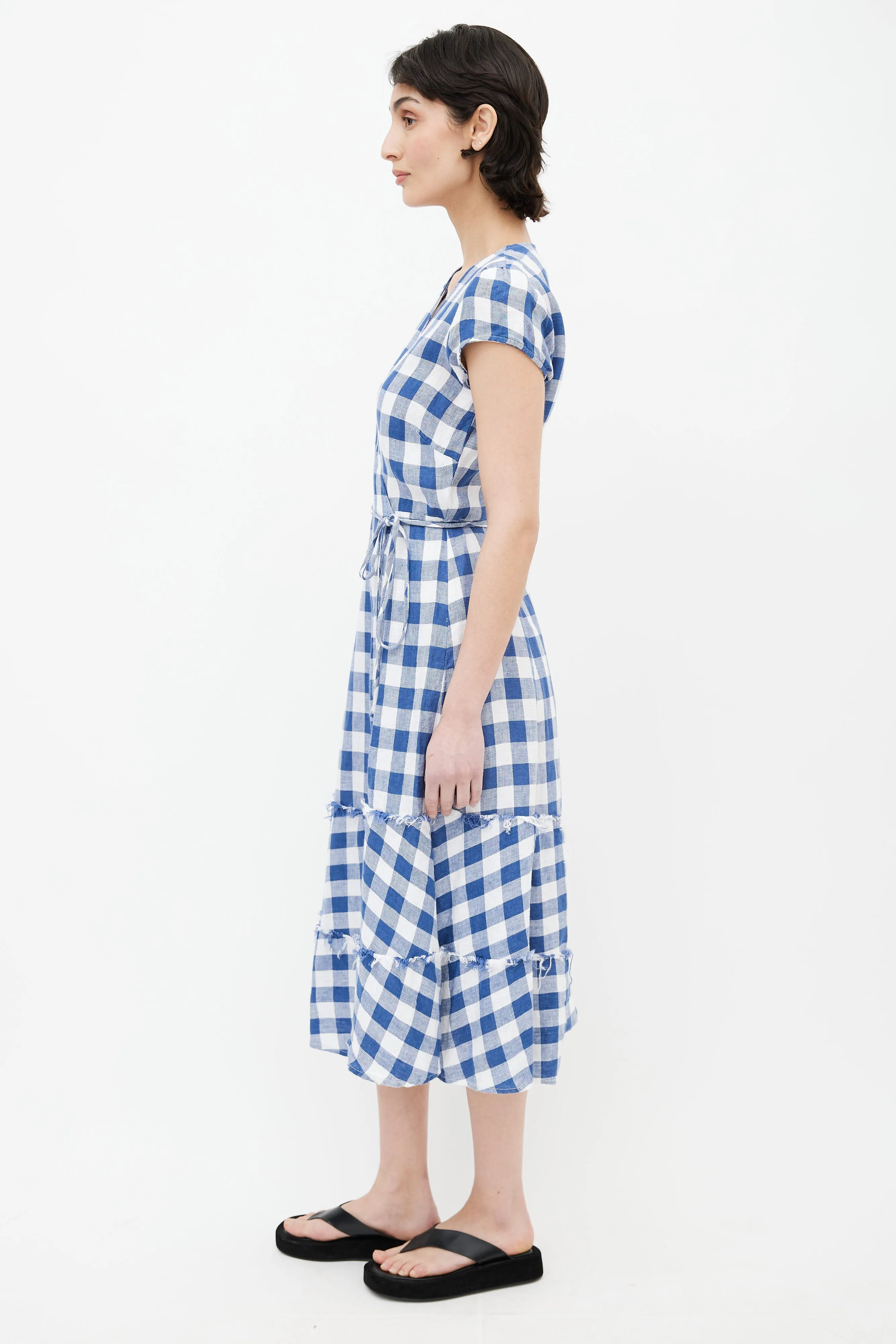 Blue & White Linen Gingham Wrap Dress
