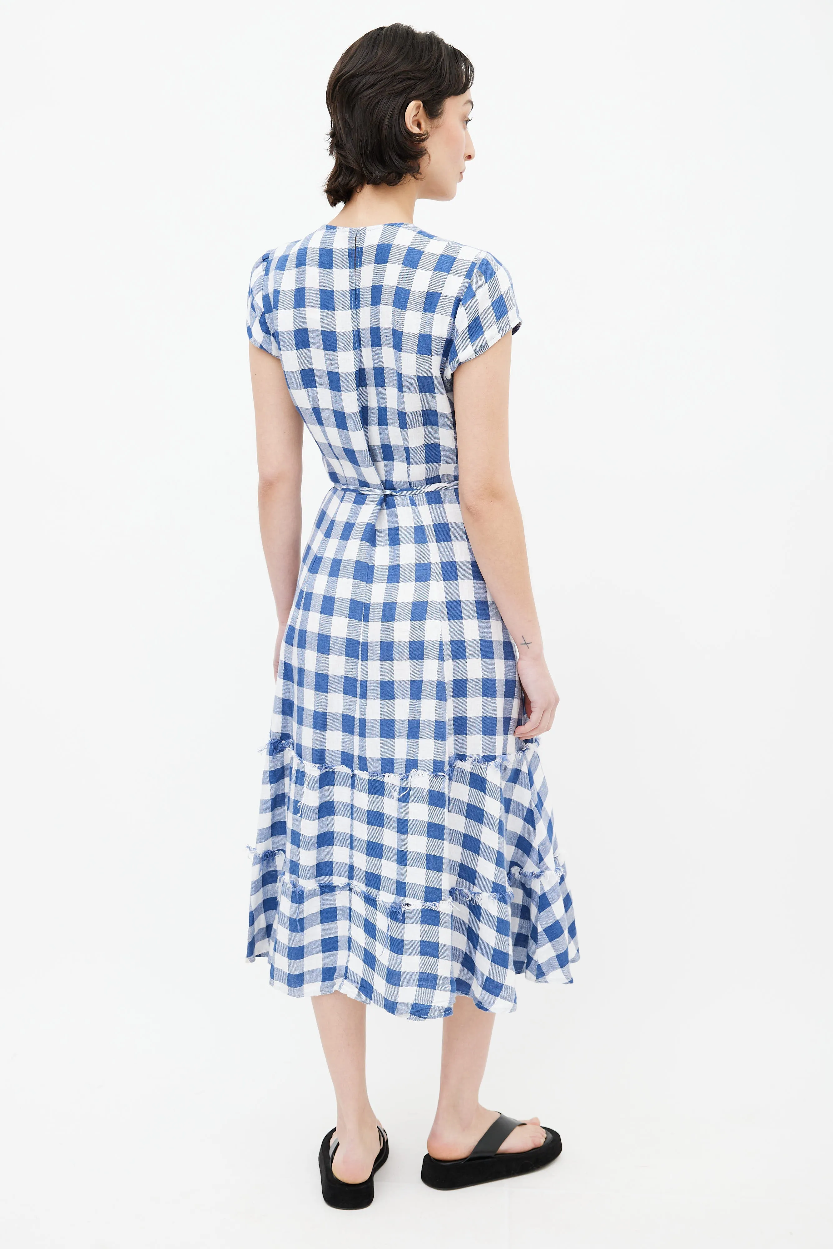 Blue & White Linen Gingham Wrap Dress