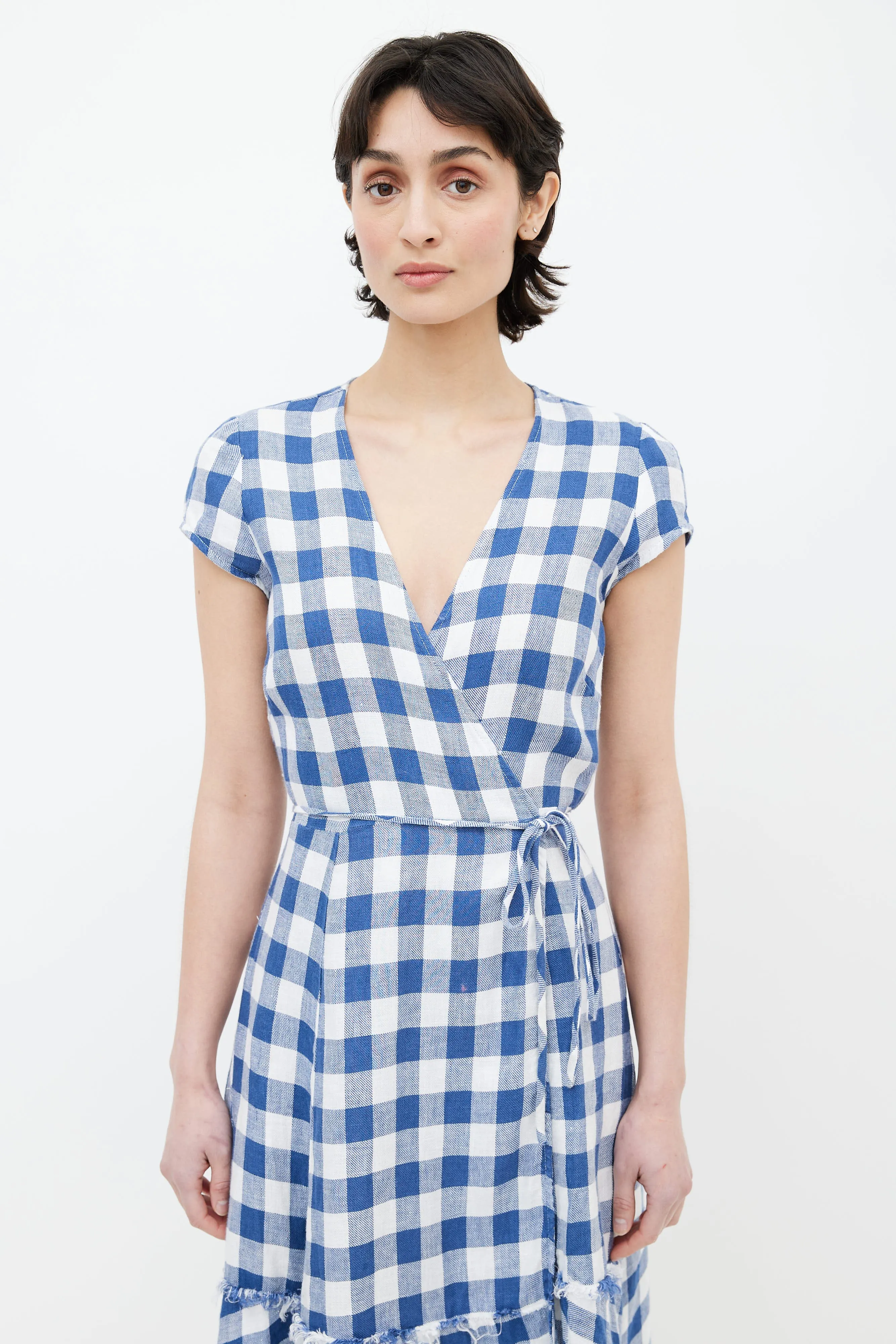 Blue & White Linen Gingham Wrap Dress