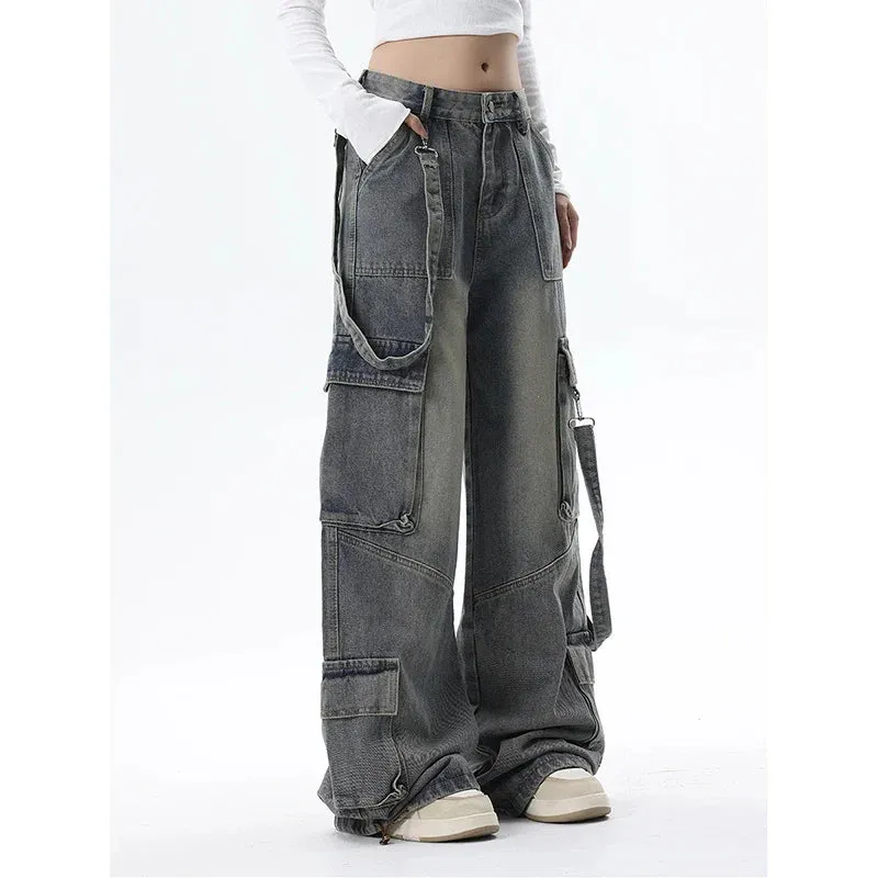 Bonnyshow Women Blue Jeans Cargo Pants Streetwear High Waist American Wide Leg Pants Fashion Y2K Style Female Winter Straight Trousers