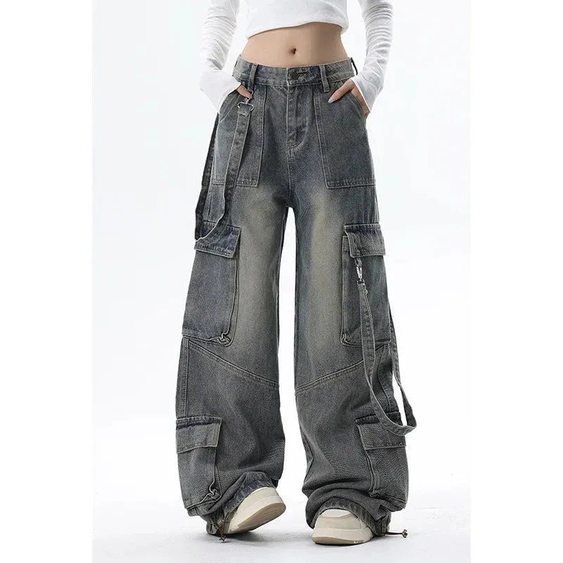 Bonnyshow Women Blue Jeans Cargo Pants Streetwear High Waist American Wide Leg Pants Fashion Y2K Style Female Winter Straight Trousers