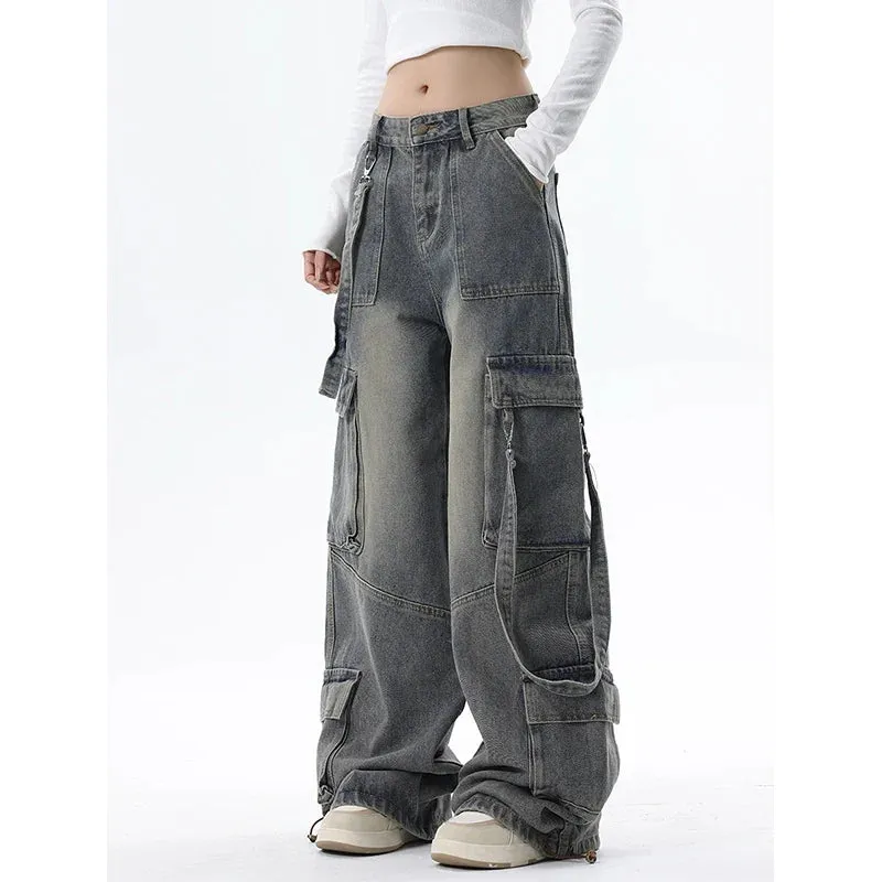 Bonnyshow Women Blue Jeans Cargo Pants Streetwear High Waist American Wide Leg Pants Fashion Y2K Style Female Winter Straight Trousers
