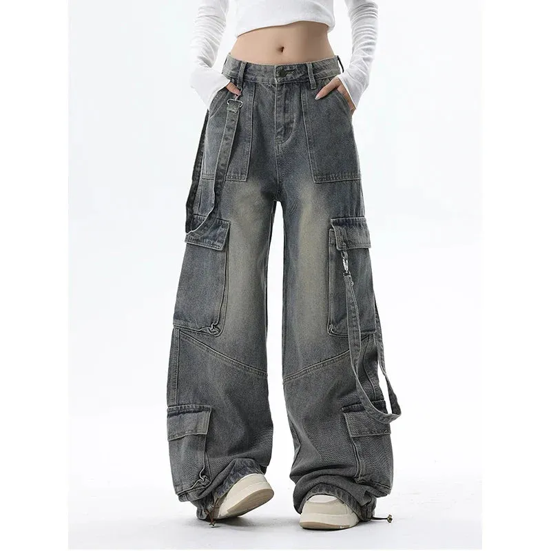 Bonnyshow Women Blue Jeans Cargo Pants Streetwear High Waist American Wide Leg Pants Fashion Y2K Style Female Winter Straight Trousers