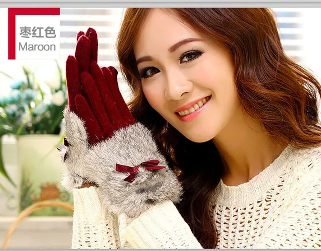 Bow Tie Rabbit Fur Wool Winter Gloves