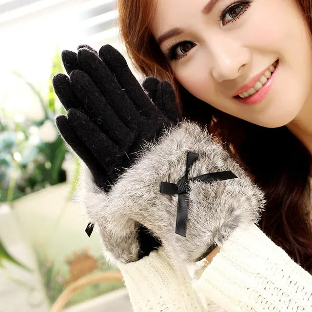 Bow Tie Rabbit Fur Wool Winter Gloves