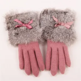 Bow Tie Rabbit Fur Wool Winter Gloves