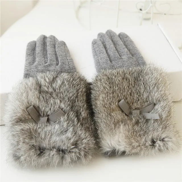 Bow Tie Rabbit Fur Wool Winter Gloves
