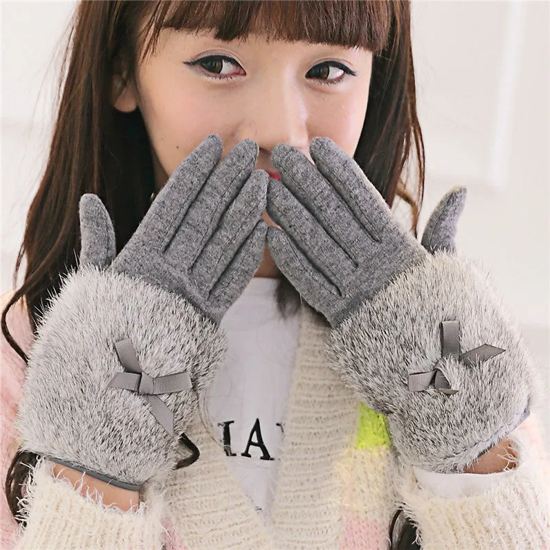 Bow Tie Rabbit Fur Wool Winter Gloves