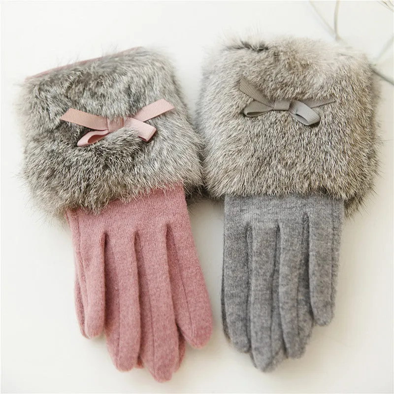 Bow Tie Rabbit Fur Wool Winter Gloves
