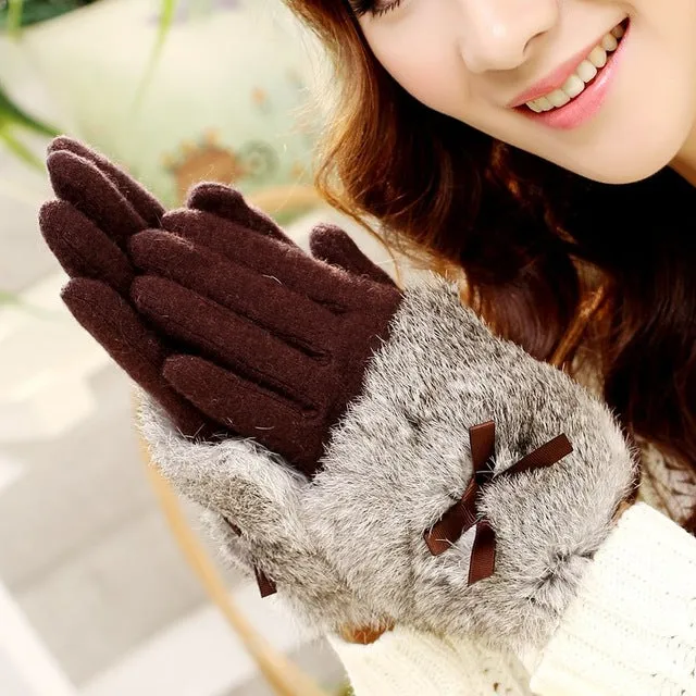 Bow Tie Rabbit Fur Wool Winter Gloves
