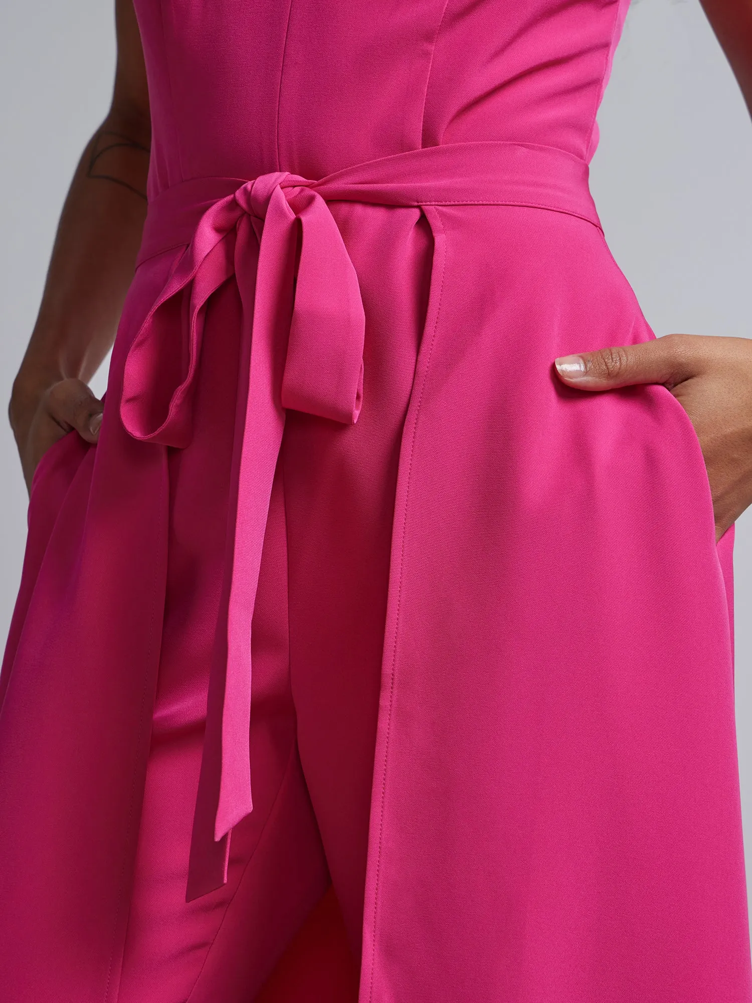 Bow-Waist Cape-Effect Jumpsuit