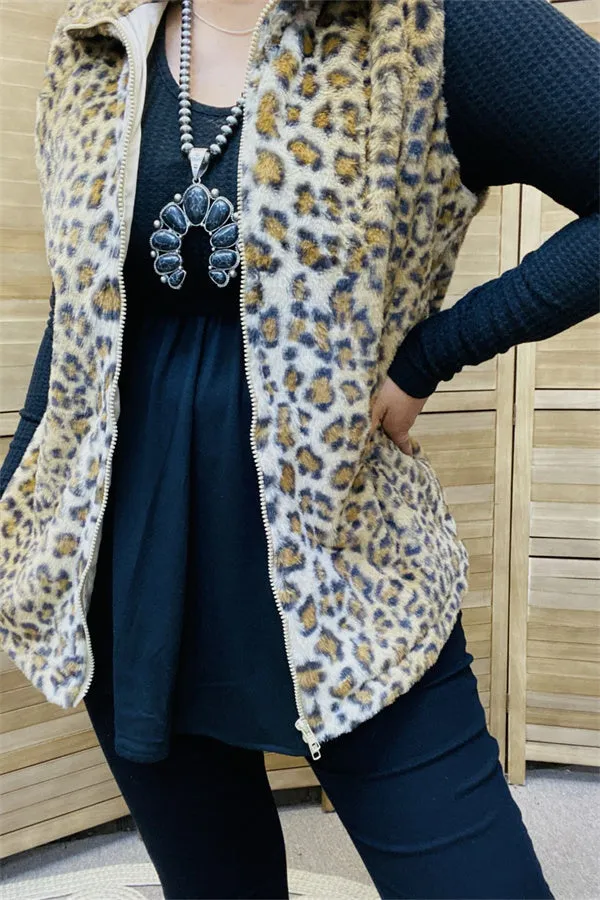BQ15492 brown leopard printed polyester imitated fur women vest w/zipper