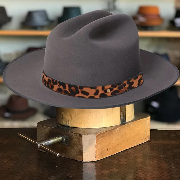 Classic Gray Felt Fedora with Chic Leopard Print Ribbon