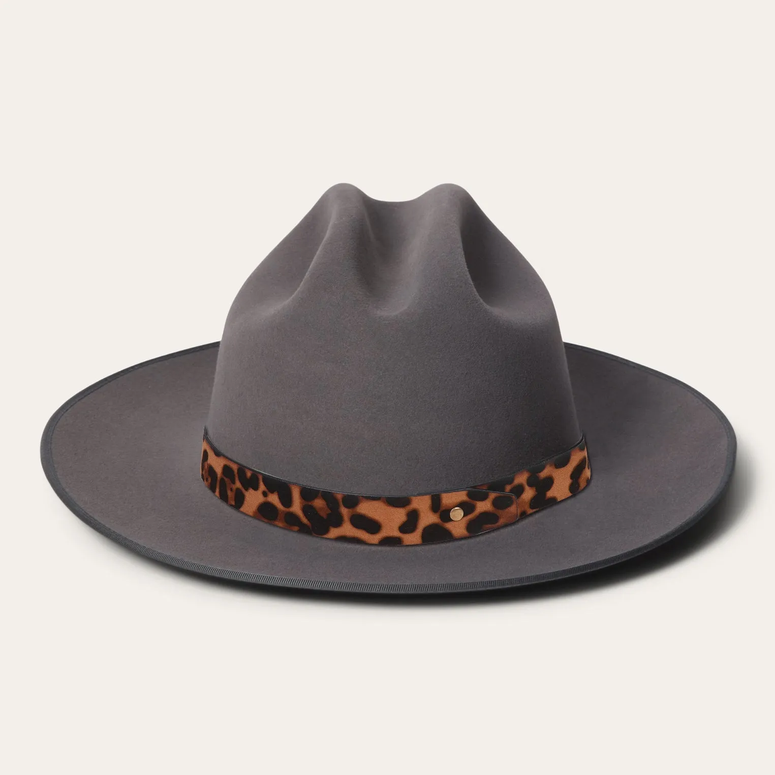 Classic Gray Felt Fedora with Chic Leopard Print Ribbon