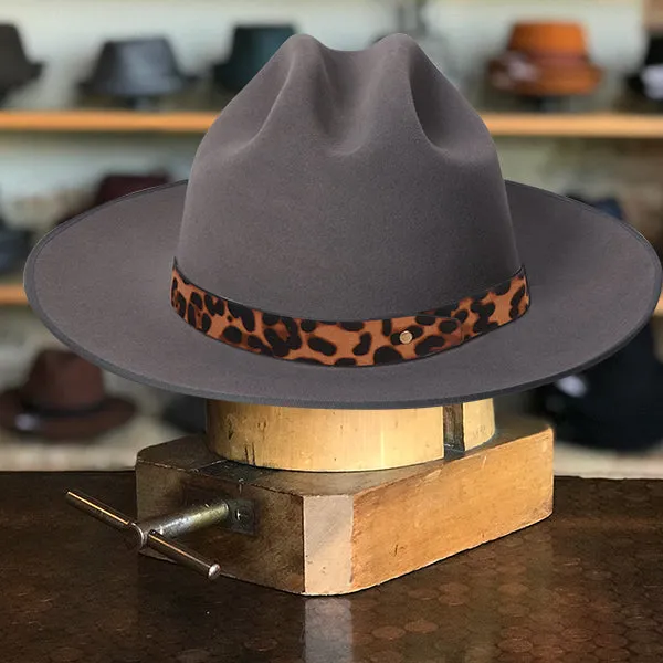 Classic Gray Felt Fedora with Chic Leopard Print Ribbon