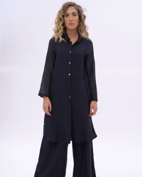 Cotton Silk Blend Pleated Sleeve Shirtdress