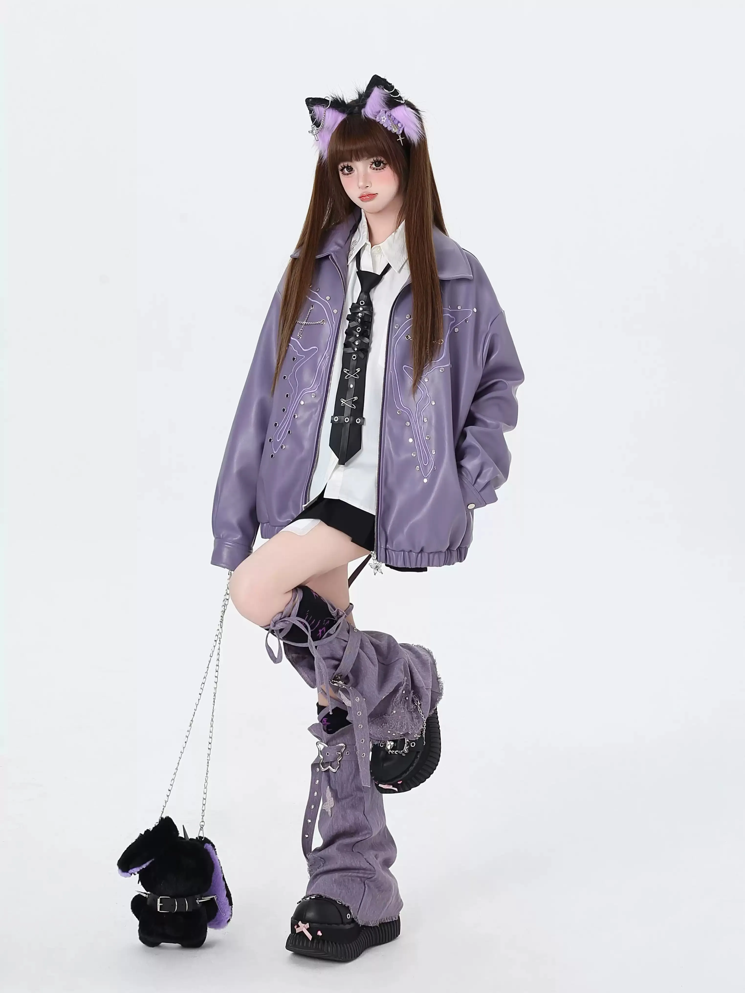 Crazy Girl Butterfly Beads Purple Brown Black Leather Jacket